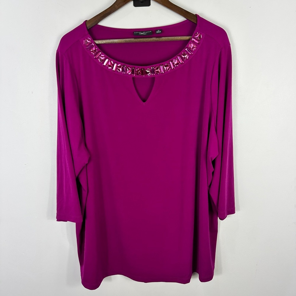 Susan Graver Artisan 3X Magenta Embellished Keyhole Top Sparkle Holiday Glam‎